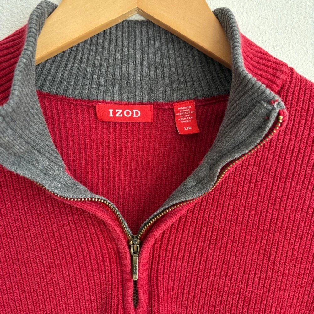 IZOD Mens Red Ribbed Quarter Zip Pullover Sweater Grey Trim Large L Classic